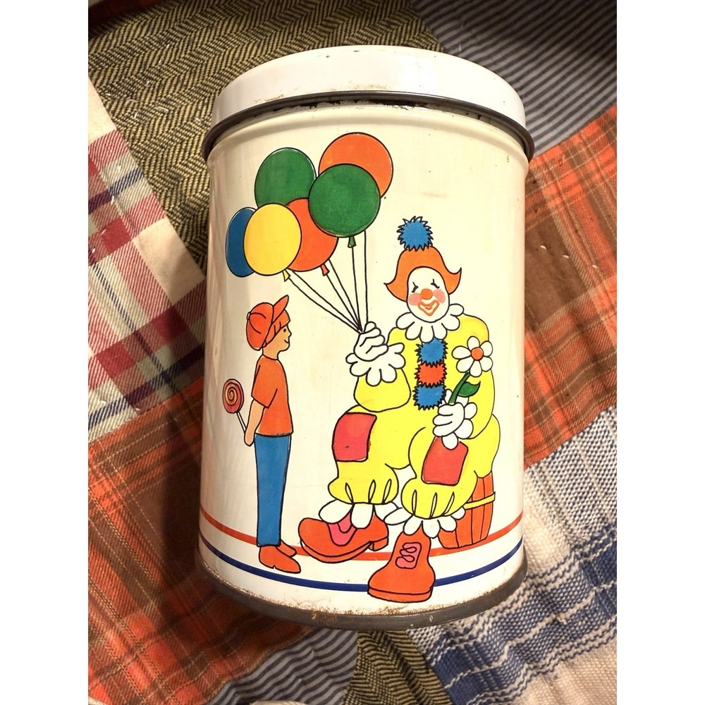 Clown with Balloons Old Tin Can Decoration Collectible Boy Candy 5" Vintage 🔥